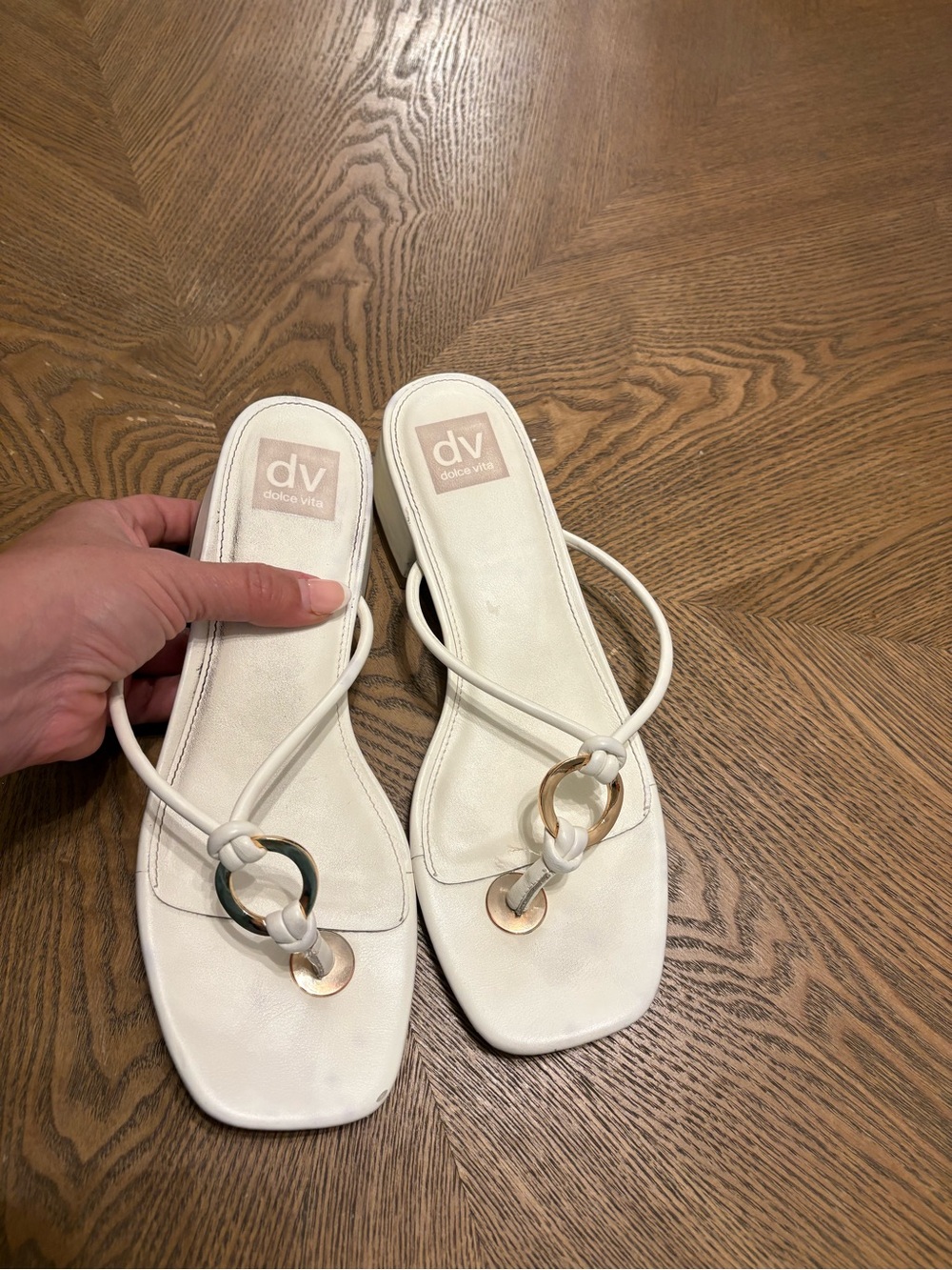 DV by Dolce Vita White Strappy Slide Sandals with Gold Ring Accent